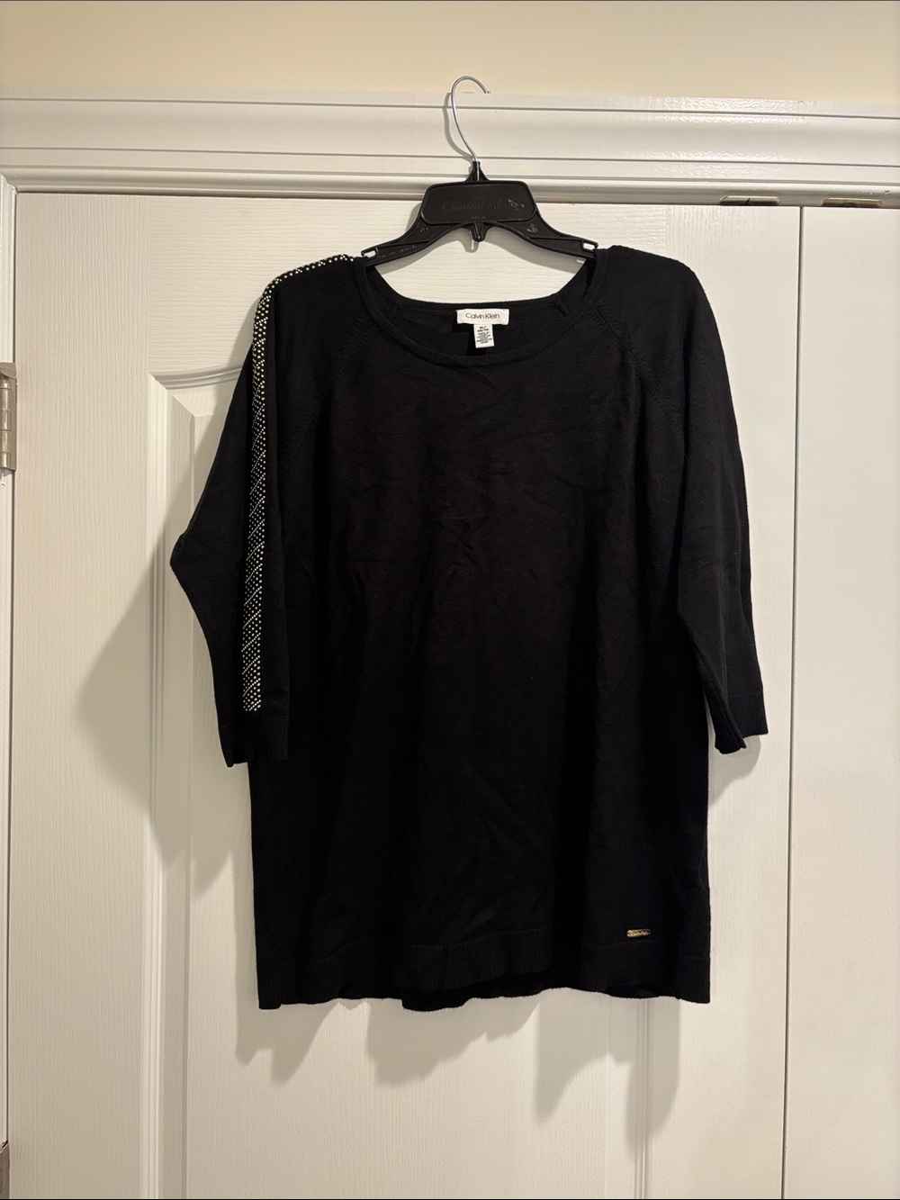 Calvin Klein Black Knit Pullover with Embellished Shoulder Stripe